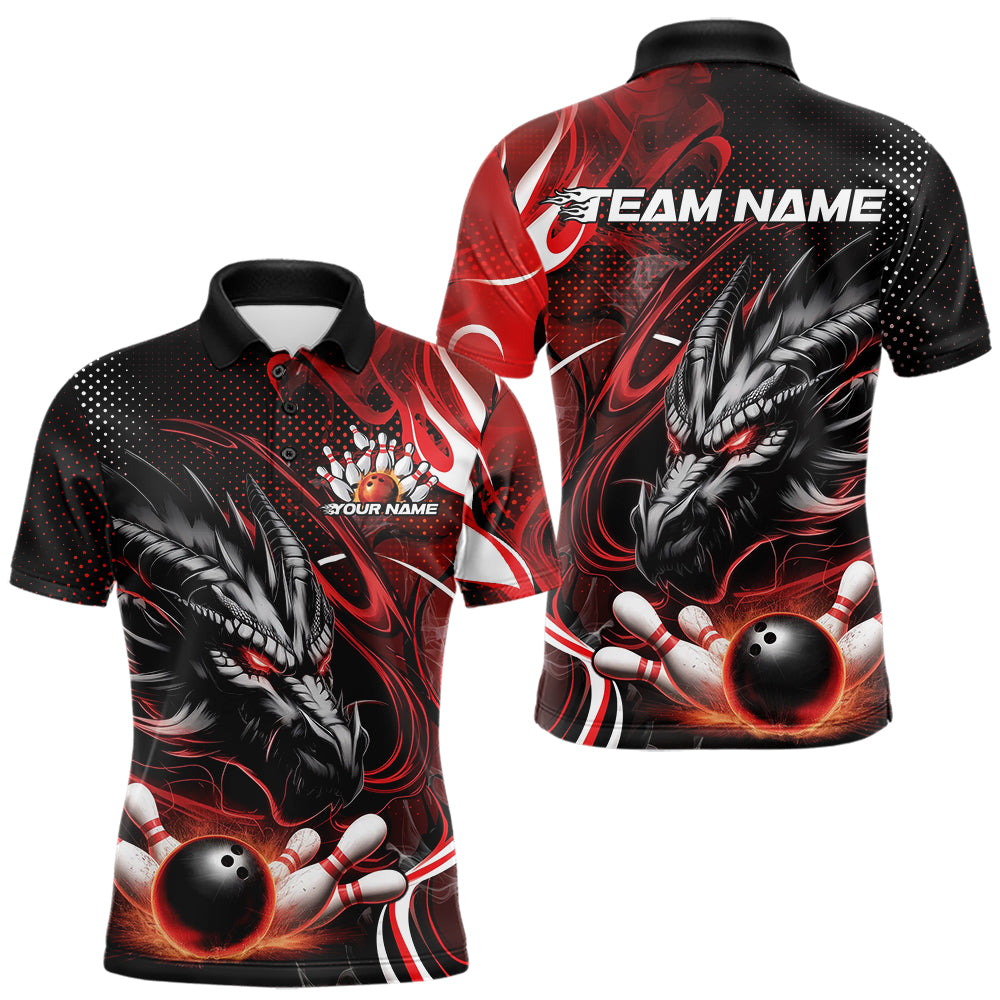 Custom Black And Red Flame Dragon Bowling Jerseys, Dragon Bowling Team Men Polo Shirts IPHW8919