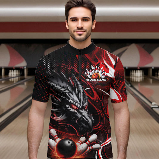Custom Black And Red Flame Dragon Bowling Jerseys, Dragon Bowling Team Men Quarter-Zip Shirts IPHW8919