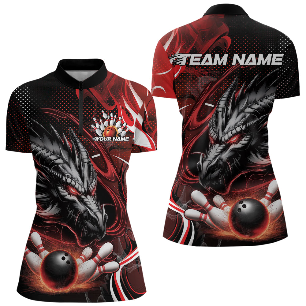 Custom Black And Red Flame Dragon Bowling Jerseys, Dragon Bowling Women Quarter-Zip Shirts IPHW8919