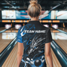 Load image into Gallery viewer, Custom Black And Blue Flame Dragon Bowling Jerseys, Dragon Bowling Team Women Polo Shirts IPHW8920