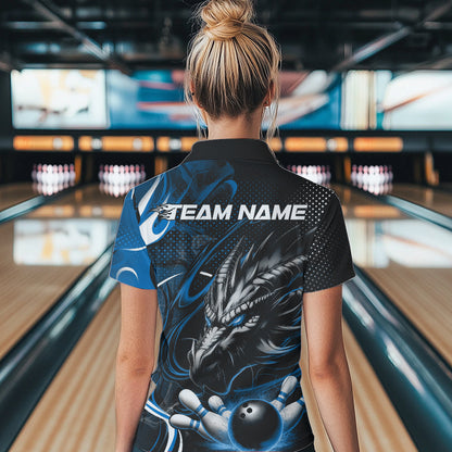 Custom Black And Blue Flame Dragon Bowling Jerseys, Dragon Bowling Women Quarter-Zip Shirts IPHW8920