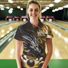 Load image into Gallery viewer, Custom Black And Yellow Flame Dragon Bowling Jerseys, Dragon Bowling Team Women Polo Shirts IPHW8921