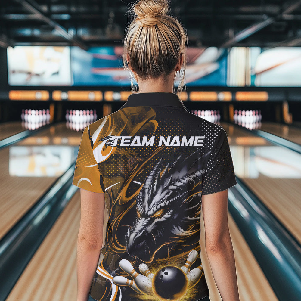 Custom Black And Yellow Flame Dragon Bowling Jerseys, Dragon Bowling Team Women Polo Shirts IPHW8921