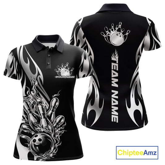 Front and back view mockup of a women’s black polo shirt featuring a silver metal tribal flame design with a bowling ball striking pins in a clean, modern style.