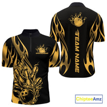 Load image into Gallery viewer, Custom Gold Tribal Flame Men Bowling Quarter-Zip Shirt, Bowling Tournament Shirt IPHW11286