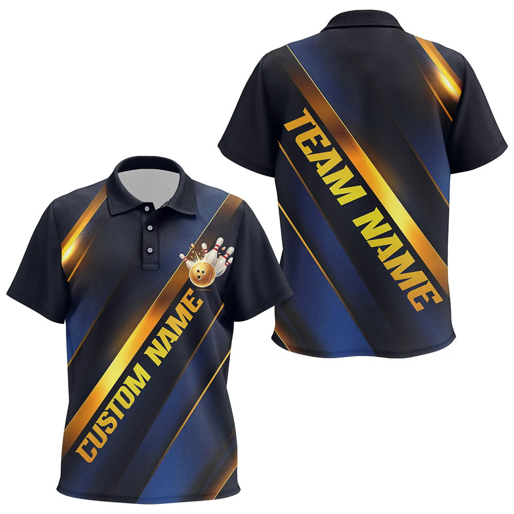 Custom Blue And Gold Bowling Tournament Polo Shirts For Kid With Team Name And Bowlers Name IPHW6617