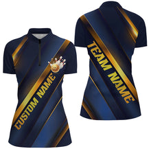 Load image into Gallery viewer, Custom Blue And Gold Bowling Tournament Shirts For Women With Team Name And Bowlers Name IPHW6617