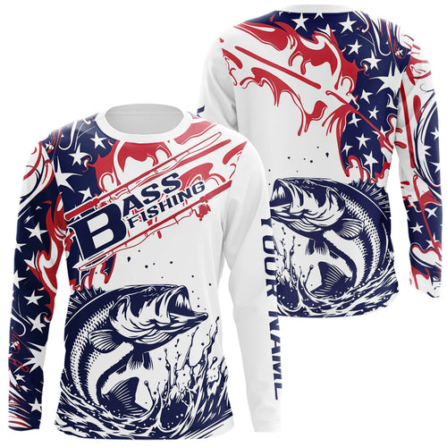 Custom American Flag Largemouth Bass Long Sleeve Fishing Shirts, Patriotic Bass Fishing Jerseys IPHW9132