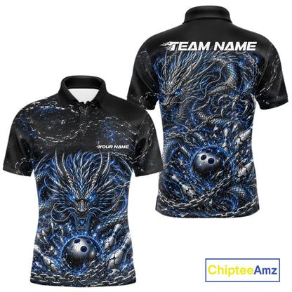 Custom black and blue dragon bowling jersey with metal chain design for team tournament apparel