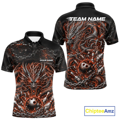 Custom black and orange dragon bowling jersey with metal chain design for team tournament apparel
