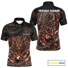 Load image into Gallery viewer, Custom black and orange dragon bowling jersey with metal chain design for team tournament apparel