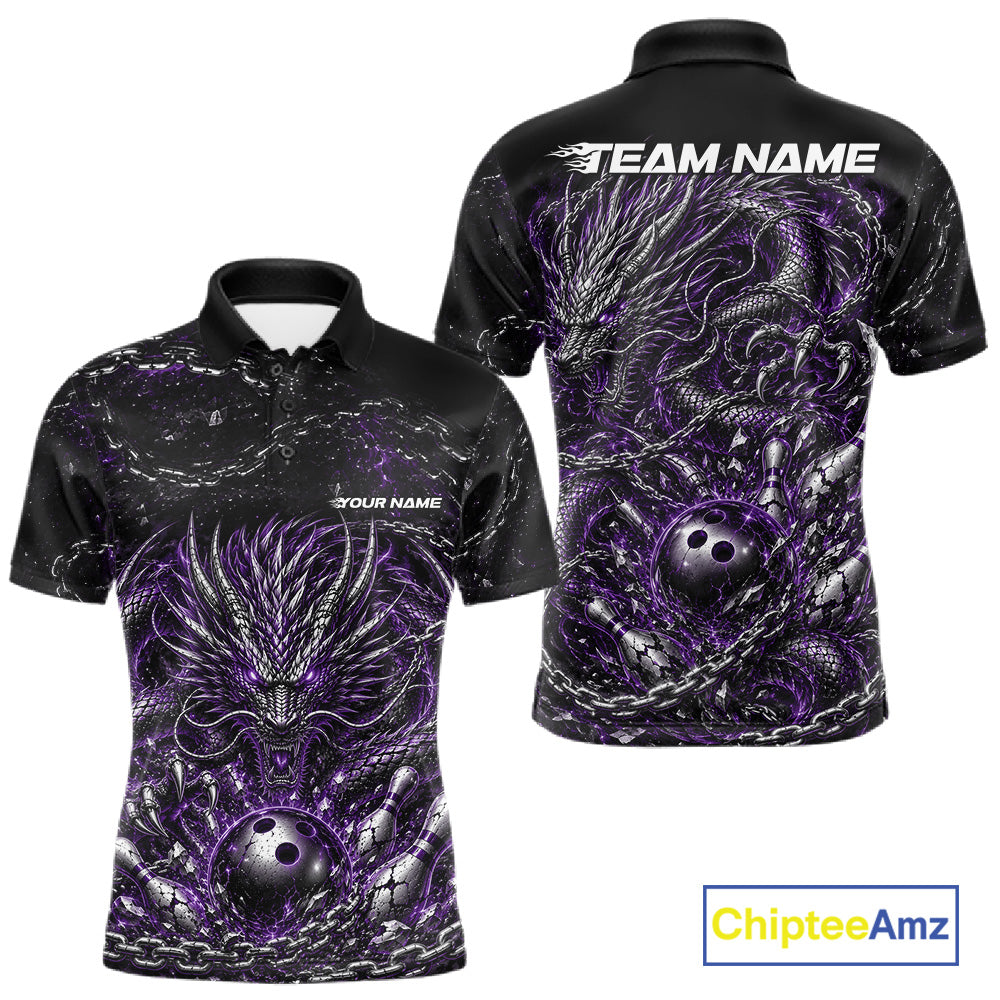 Custom black and purple dragon bowling jersey with metal chain design for team tournament apparel
