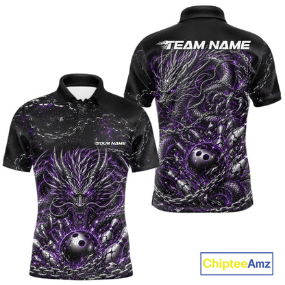 Custom black and purple dragon bowling jersey with metal chain design for team tournament apparel
