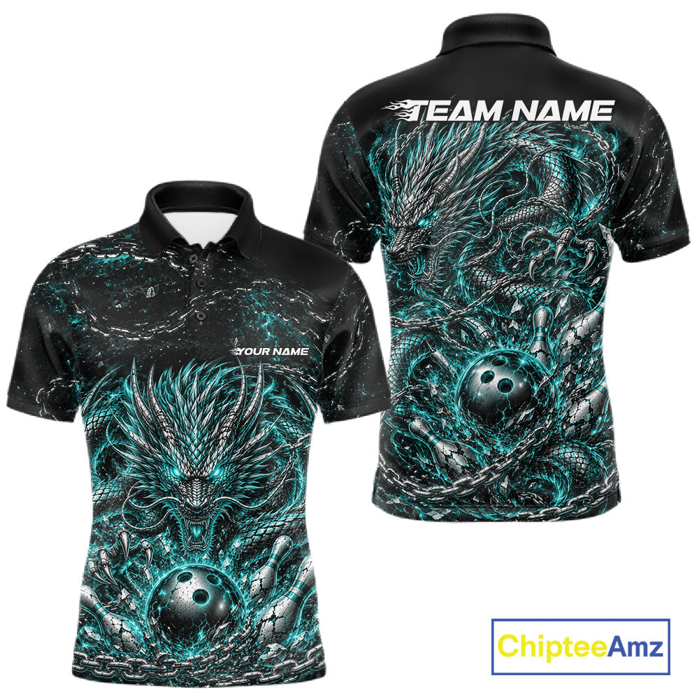 Custom black and blue dragon bowling jersey with metal chain design for team tournament apparel