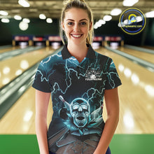 Load image into Gallery viewer, Custom Blue Thunder Lightning Skull Bowling Polo Team Shirts For Women, Halloween Outfit IPHW9497