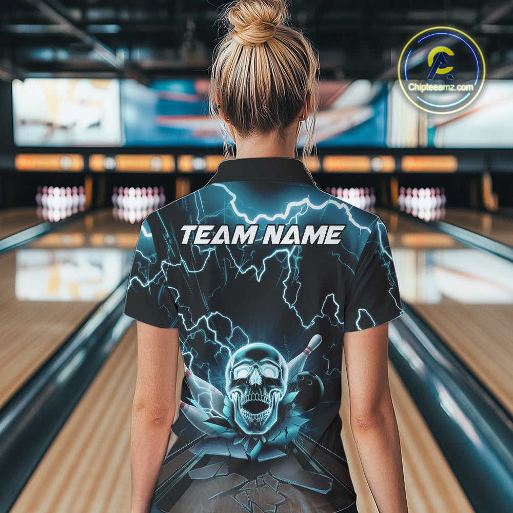 Custom Blue Thunder Lightning Skull Bowling Polo Team Shirts For Women, Halloween Outfit IPHW9497