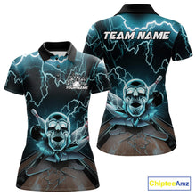 Load image into Gallery viewer, Custom Blue Thunder Lightning Skull Bowling Polo Team Shirts For Women, Halloween Outfit IPHW9497