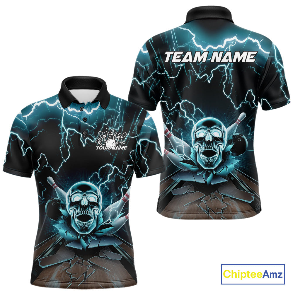 Custom Blue Thunder Lightning Skull Bowling Polo Team Shirts For Men, Halloween Outfit IPHW9497