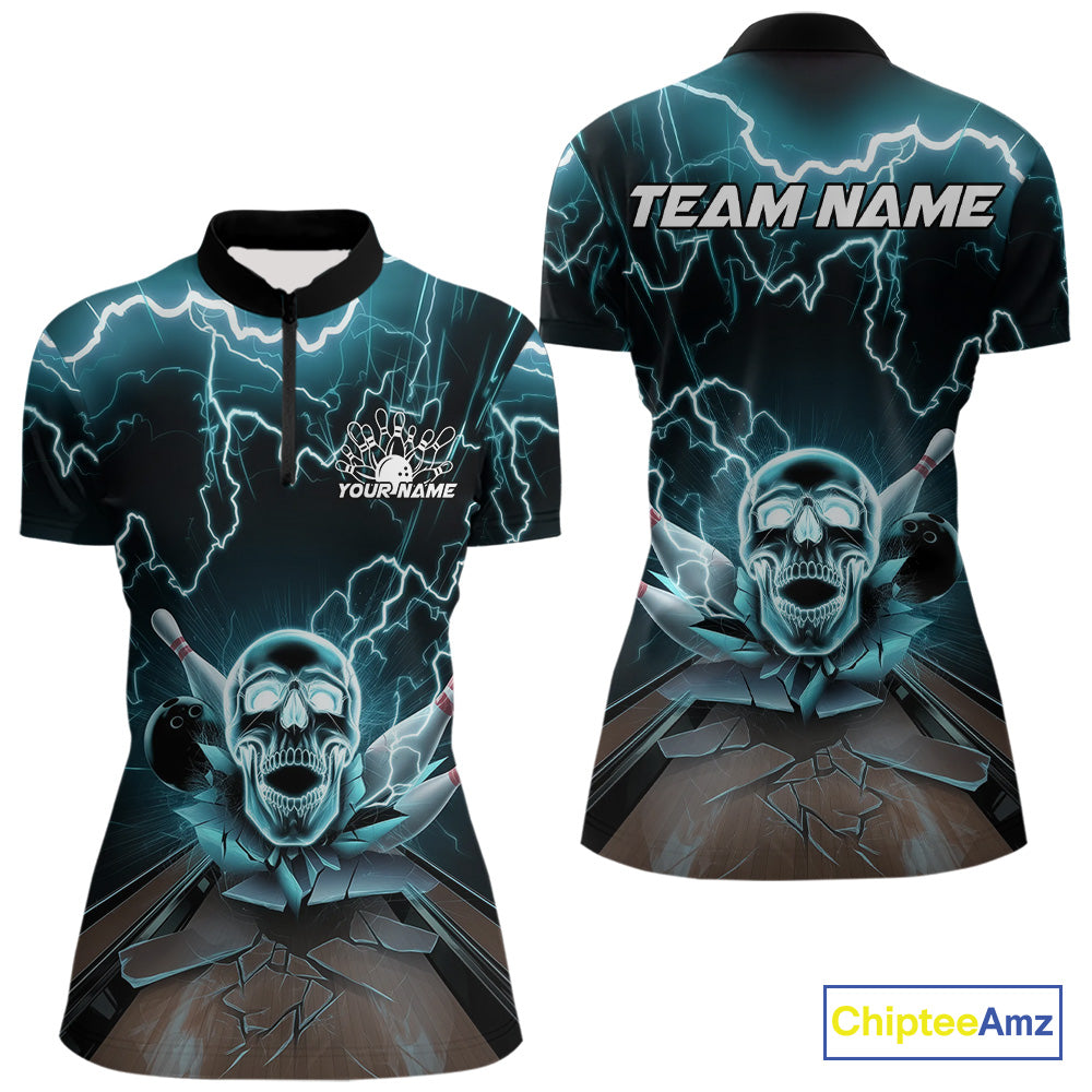 Custom Blue Thunder Lightning Skull Bowling Quarter-Zip Shirt For Women, Halloween Outfit IPHW9497