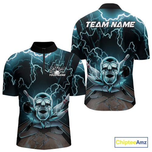 Custom Blue Thunder Lightning Skull Bowling Quarter-Zip Team Shirts For Men, Halloween Outfit IPHW9497