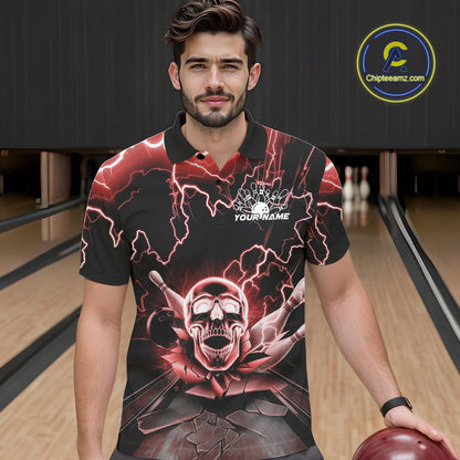 Custom Red Thunder Lightning Skull Bowling Polo Team Shirts For Men, Halloween Outfit IPHW9498