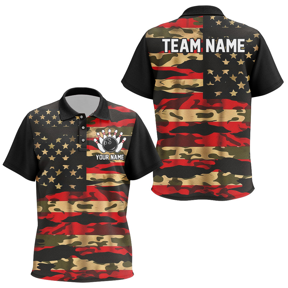 Custom American Flag Patriotic Bowling Polo Shirts For Kid, Camo Bowling Team Jerseys IPHW7172