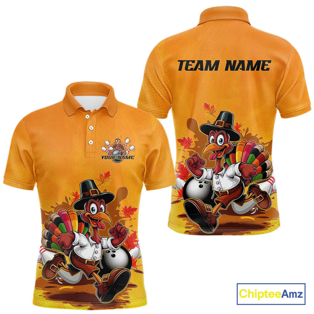 Custom Funny Thanksgiving Turkey Bowling Polo Shirts For Men, Thanksgiving Bowler Outfit IPHW9724