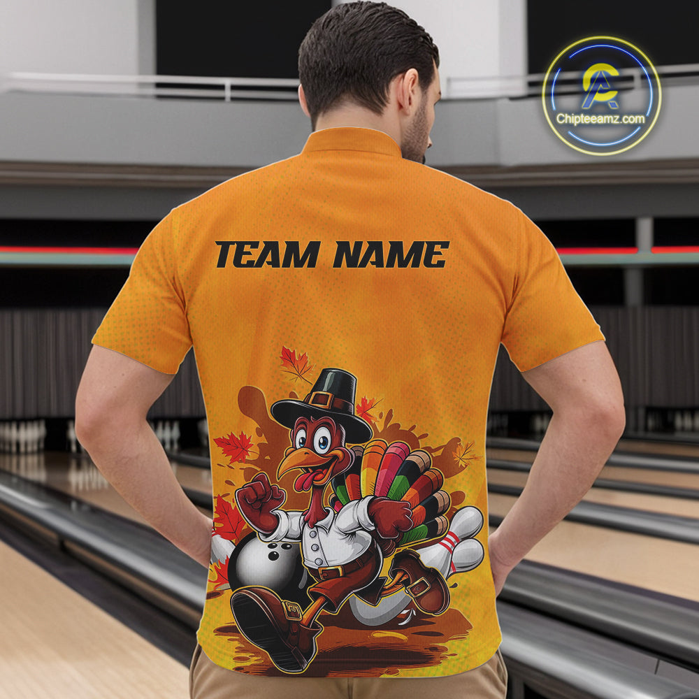 Custom Funny Thanksgiving Turkey Bowling Quarter-Zip Shirts For Men, Thanksgiving Bowler Outfit IPHW9724