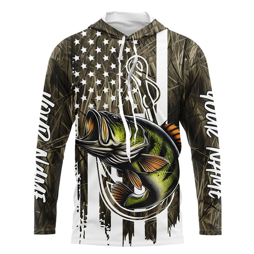 Lake Grass Camo US Flag Custom Largemouth Bass Patriotic Long Sleeve Hooded Fishing Shirts With Name IPHW8165