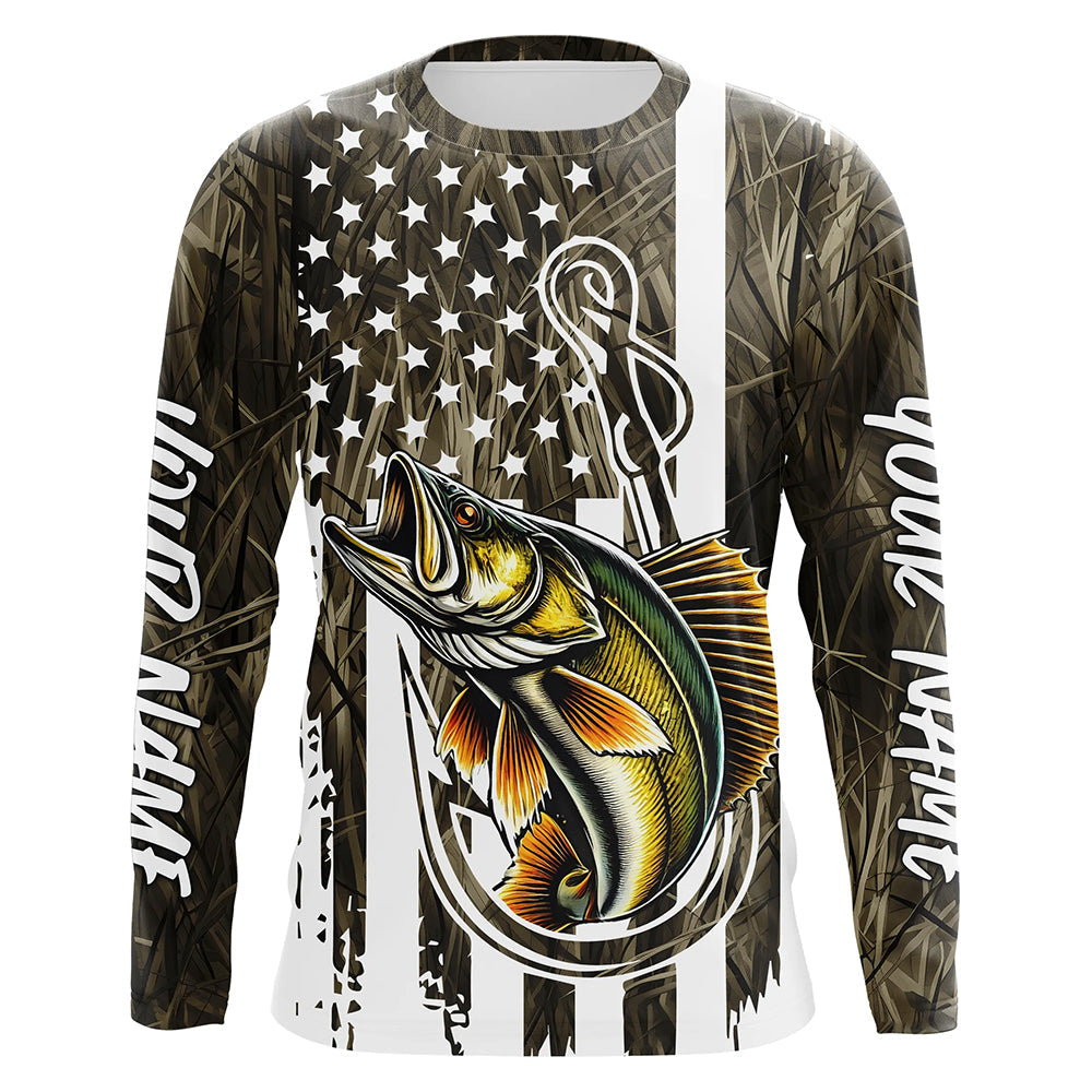 Lake Grass Camo US Flag Custom Walleye Patriotic Long Sleeve Fishing Shirts With Name IPHW8166