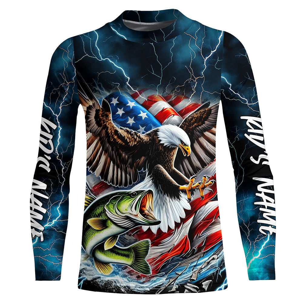 Blue Thunder Lightning US Flag Eagle Custom Patriotic Largemouth Bass Long Seeve Fishing Shirts IPHW8170