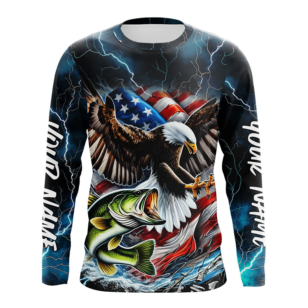 Blue Thunder Lightning US Flag Eagle Custom Patriotic Largemouth Bass Long Seeve Fishing Shirts IPHW8170