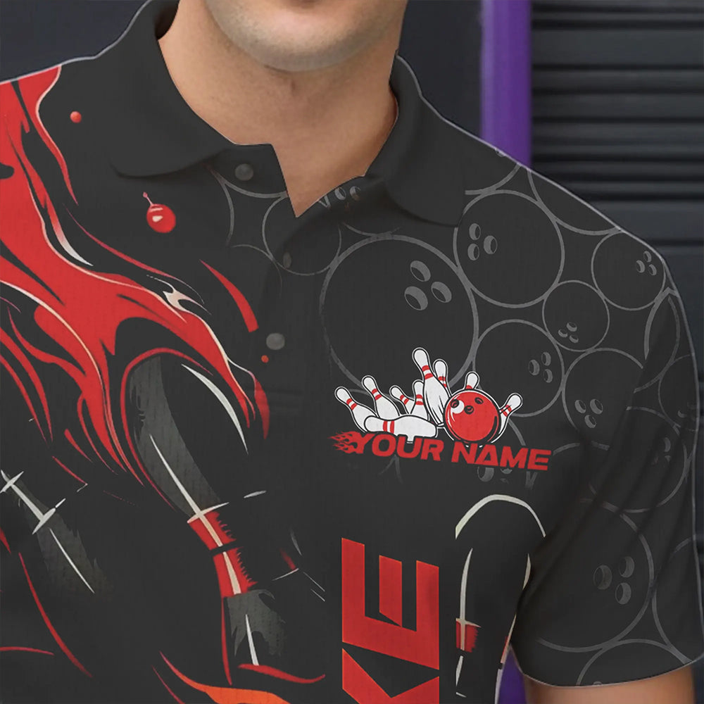 Custom Black And Red Flame Strike Bowling Team Polo Shirts For Men, Strike Bowling Jerseys IPHW8610