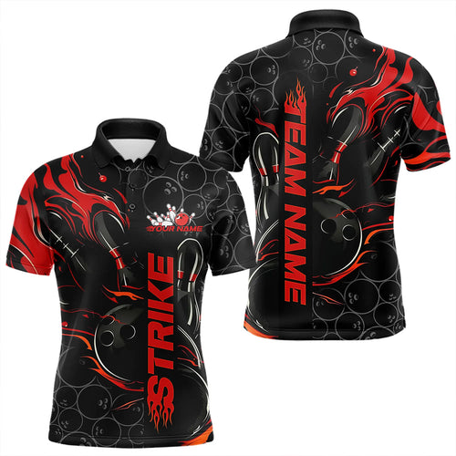 Custom Black And Red Flame Strike Bowling Team Polo Shirts For Men, Strike Bowling Jerseys IPHW8610