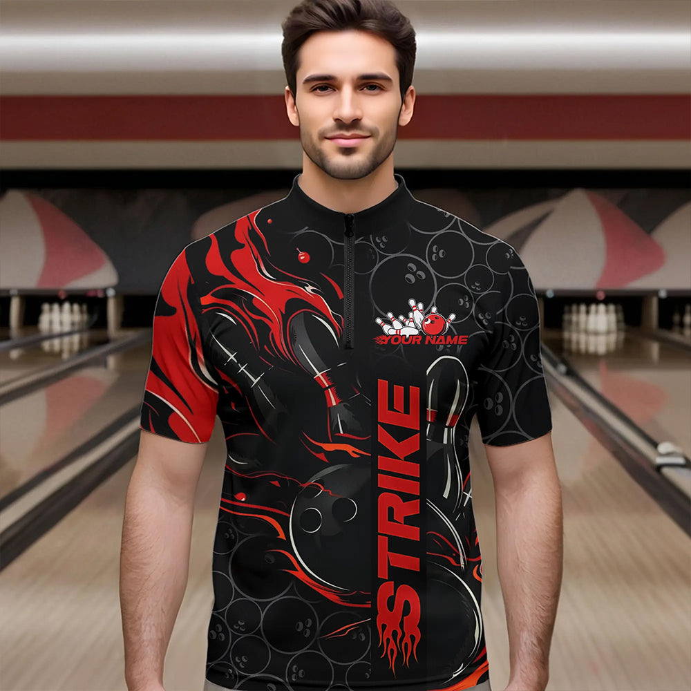 Custom Black And Red Flame Strike Bowling Team Quarter-Zip Shirts For Men, Strike Bowling Jerseys IPHW8610