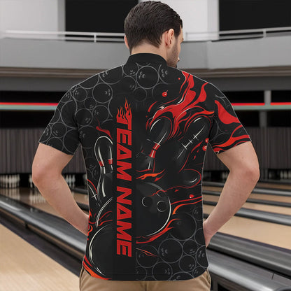 Custom Black And Red Flame Strike Bowling Team Quarter-Zip Shirts For Men, Strike Bowling Jerseys IPHW8610