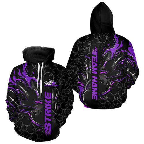 Custom Black And Purple Flame Strike Bowling Team Hoodie Shirts For Men And Women, Strike Bowling Jerseys IPHW8612