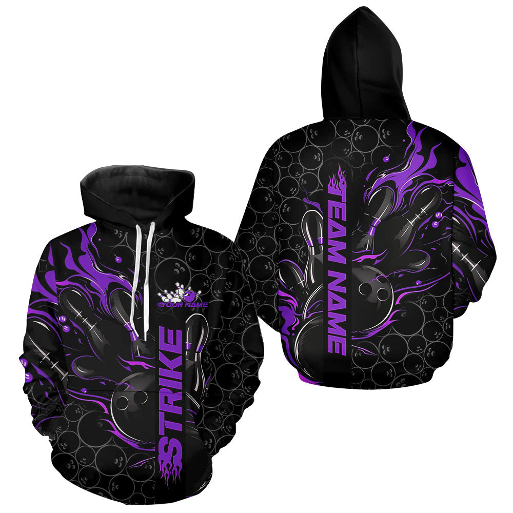 Custom Black And Purple Flame Strike Bowling Team Hoodie Shirts For Men And Women, Strike Bowling Jerseys IPHW8612