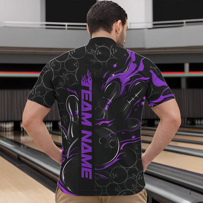 Custom Black And Purple Flame Strike Bowling Team Quarter-Zip Shirts For Men, Strike Bowling Jerseys IPHW8612
