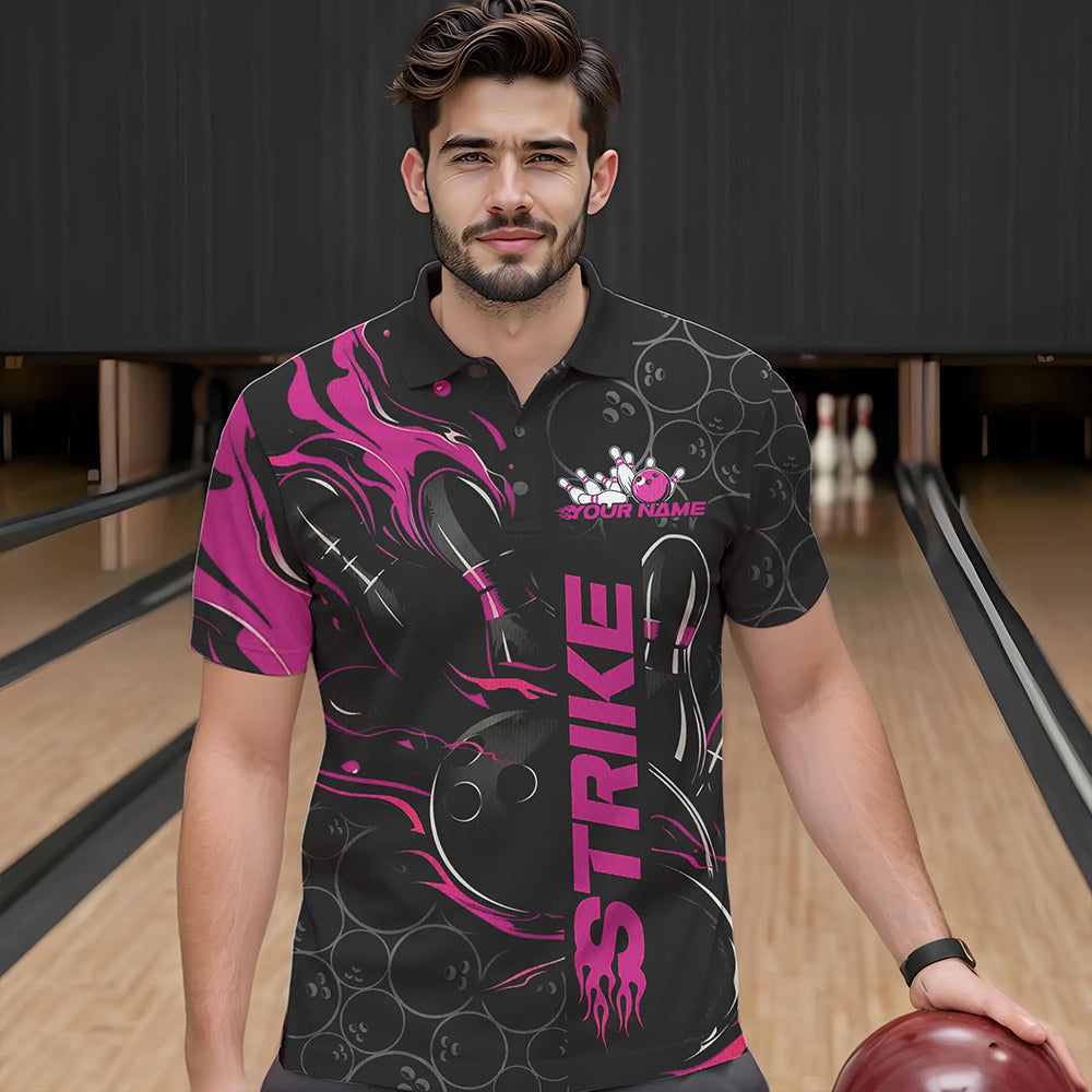 Custom Black And Pink Flame Strike Bowling Team Polo Shirts For Men, Strike Bowling Jerseys IPHW8613