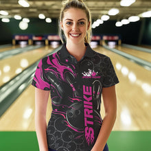 Load image into Gallery viewer, Custom Black And Pink Flame Strike Bowling Team Womens Polo Shirt, Strike Bowling Jerseys IPHW8613