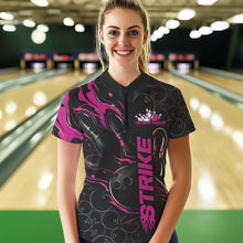 Load image into Gallery viewer, Custom Black And Pink Flame Strike Bowling Team Womens Quarter-Zip Shirt, Bowling Jerseys IPHW8613