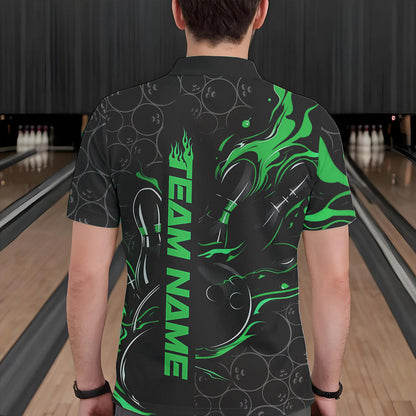 Custom Black And Green Flame Strike Bowling Team Polo Shirts For Men, Strike Bowling Jerseys IPHW8615
