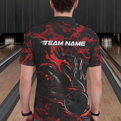 Custom Black And Red Camo Flame Bowling Team Polo Shirts For Men, Bowling Tournament Shirt IPHW8622