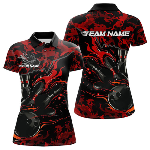 Custom Black And Red Camo Flame Bowling Team Polo Shirt For Women, Bowling Tournament Shirt IPHW8622