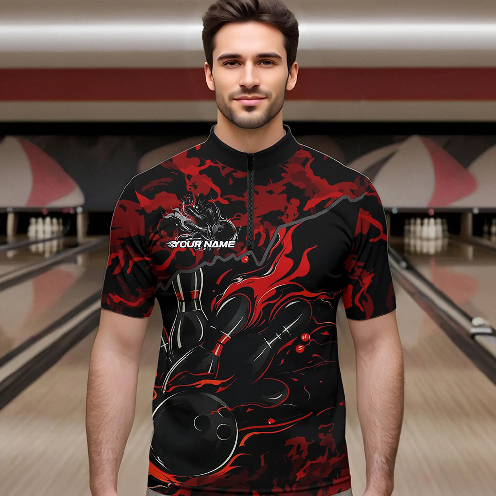 Custom Black And Red Camo Flame Bowling Team Quarter-Zip Shirts For Men, Bowling Tournament Shirt IPHW8622