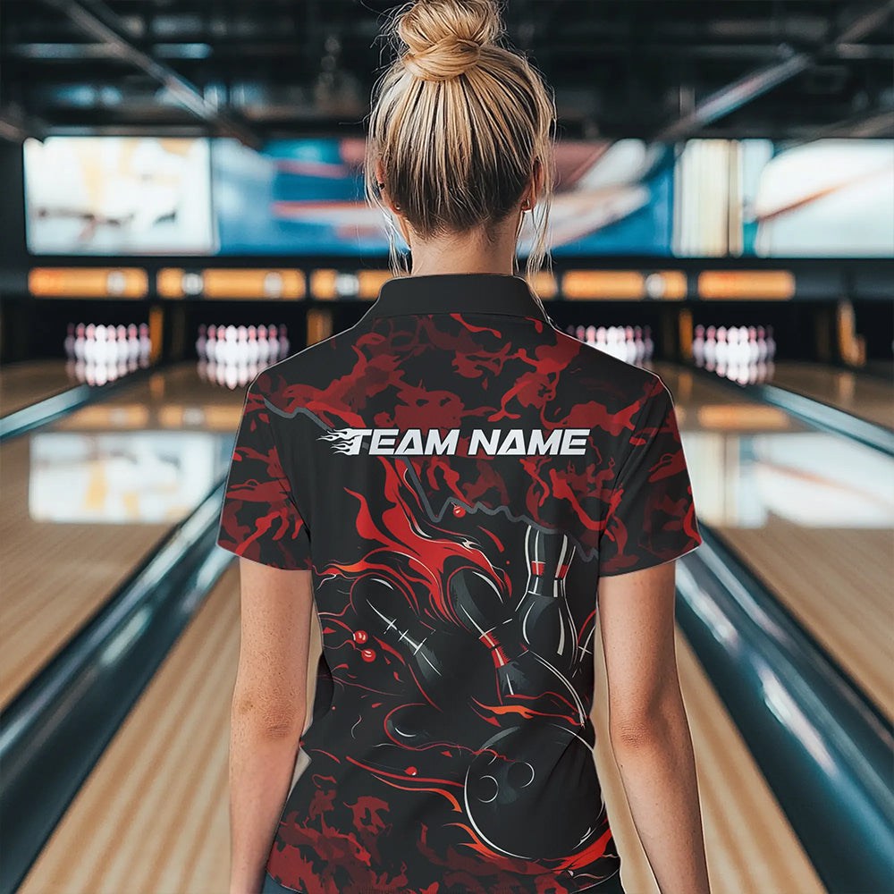 Custom Black And Red Camo Flame Bowling Womens Quarter-Zip Shirt, Bowling Tournament Shirt IPHW8622