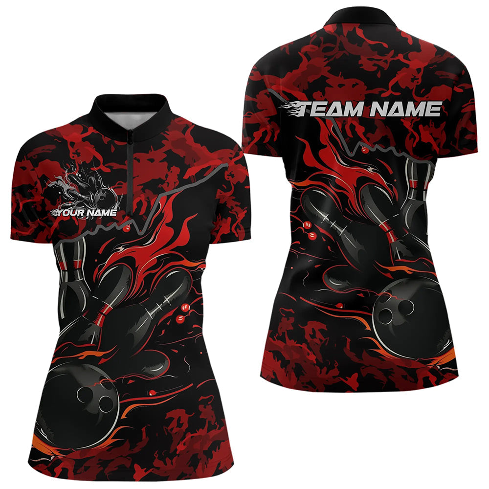 Custom Black And Red Camo Flame Bowling Womens Quarter-Zip Shirt, Bowling Tournament Shirt IPHW8622