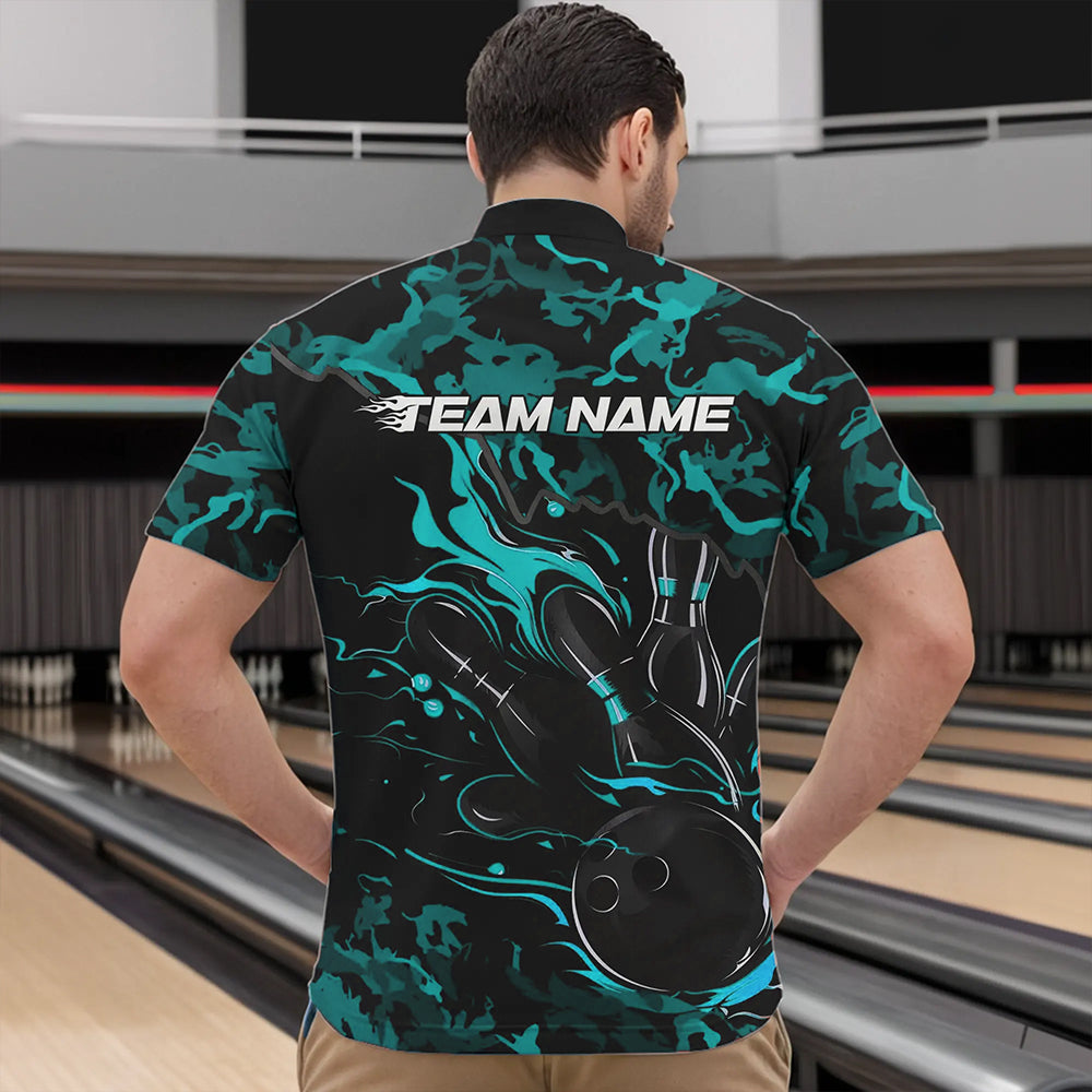 Custom Black And Blue Camo Flame Bowling Team Quarter-Zip Shirts For Men, Bowling Tournament Shirt IPHW8623