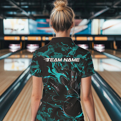 Custom Black And Blue Camo Flame Bowling Womens Quarter-Zip Shirt, Bowling Tournament Shirt IPHW8623
